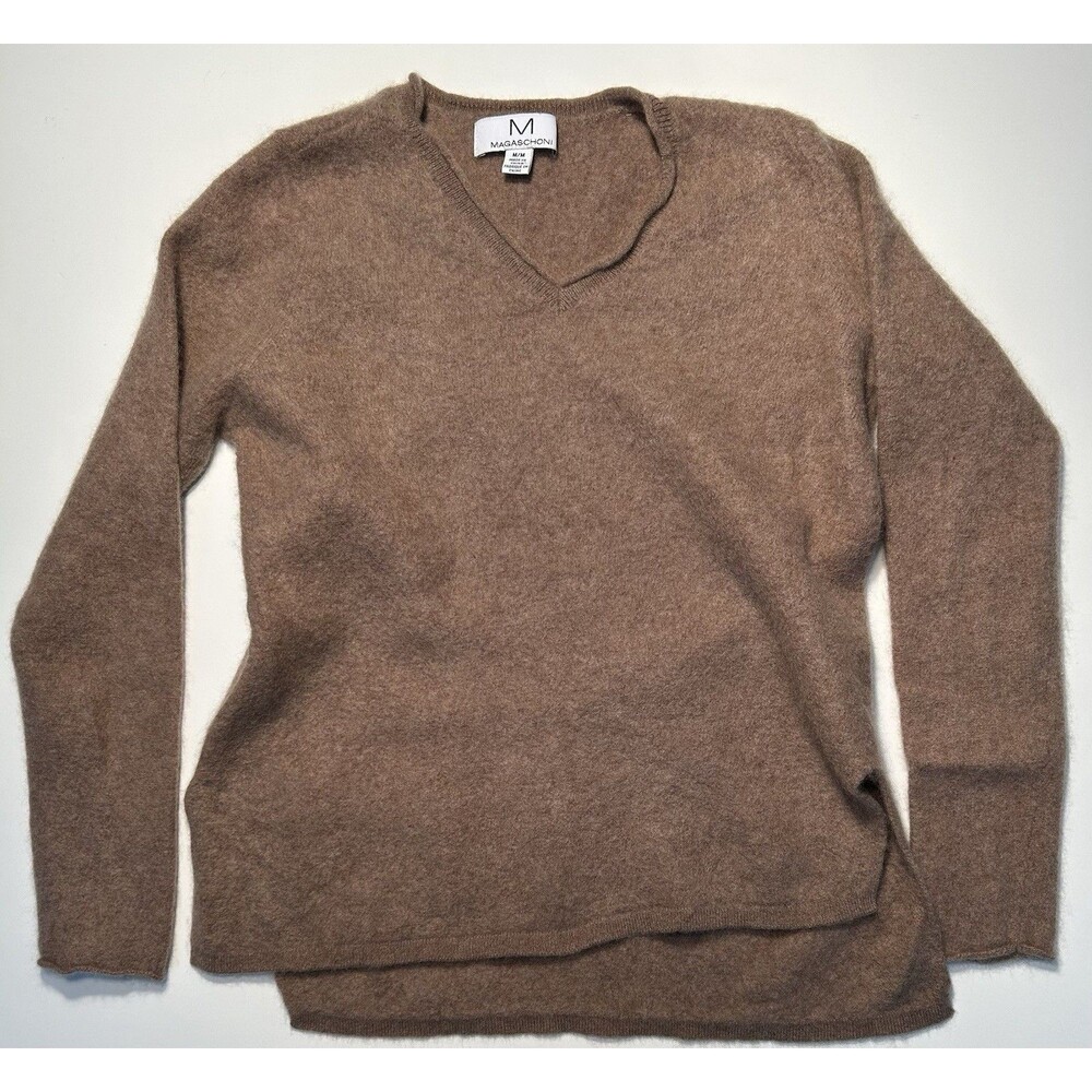 Magaschoni Women’s 100% Cashmere Sweater Taupe Brown Size M Medium V Neck
